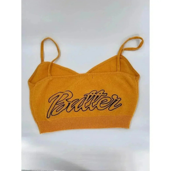 BTS Yellow Cropped Sweater Tank Top Embroidered "Butter" Women’s SMALL EUC - Picture 4 of 11